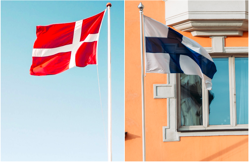 As bandeiras de Dinamarca e Finlândia